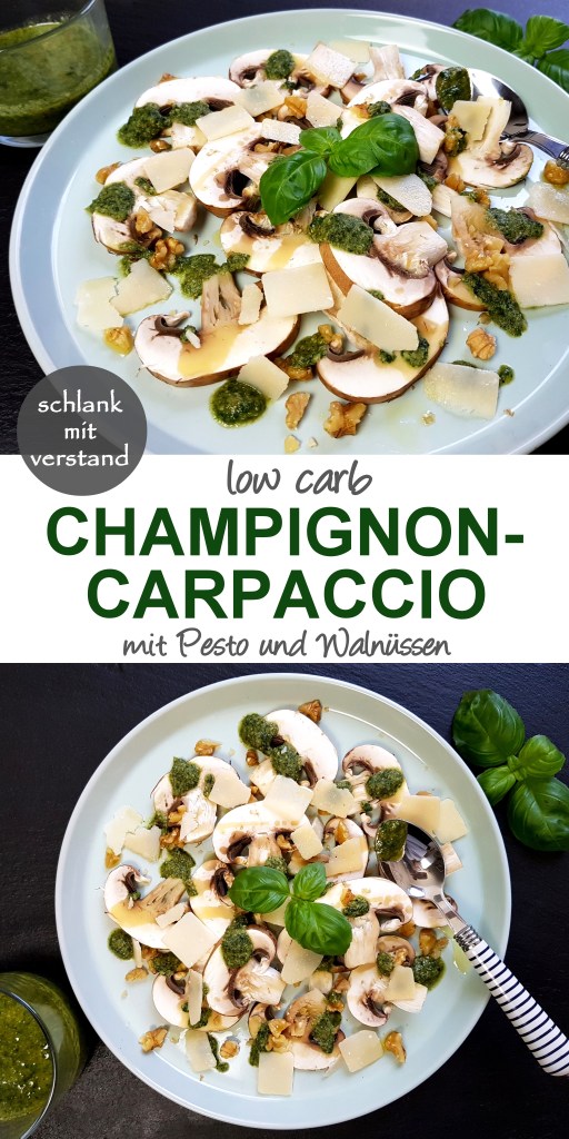 low carb Champignon-Carpaccio mit Pesto und Walnüssen